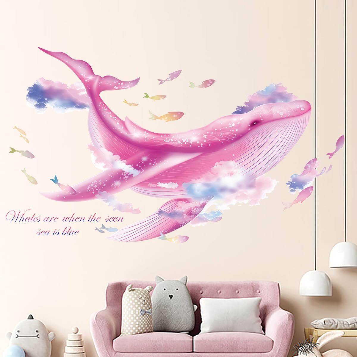 Large Whale Wall Stickers, Marine Life Under The Sea Wall Decals Removable Vinyl Peel and Stick for for Children's Room Living Bedroom, Game Room Underwater World Décor（Pink）