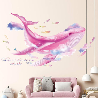 Large Whale Wall Stickers, Marine Life Under The Sea Wall Decals Removable Vinyl Peel and Stick for for Children's Room Living Bedroom, Game Room Underwater World Décor（Pink）