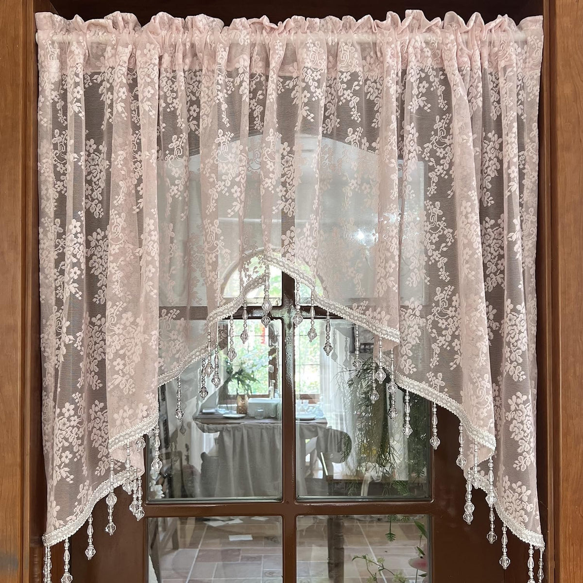 Pink Lace Kitchen Curtain Swag Floral Sheer Curtain Valance