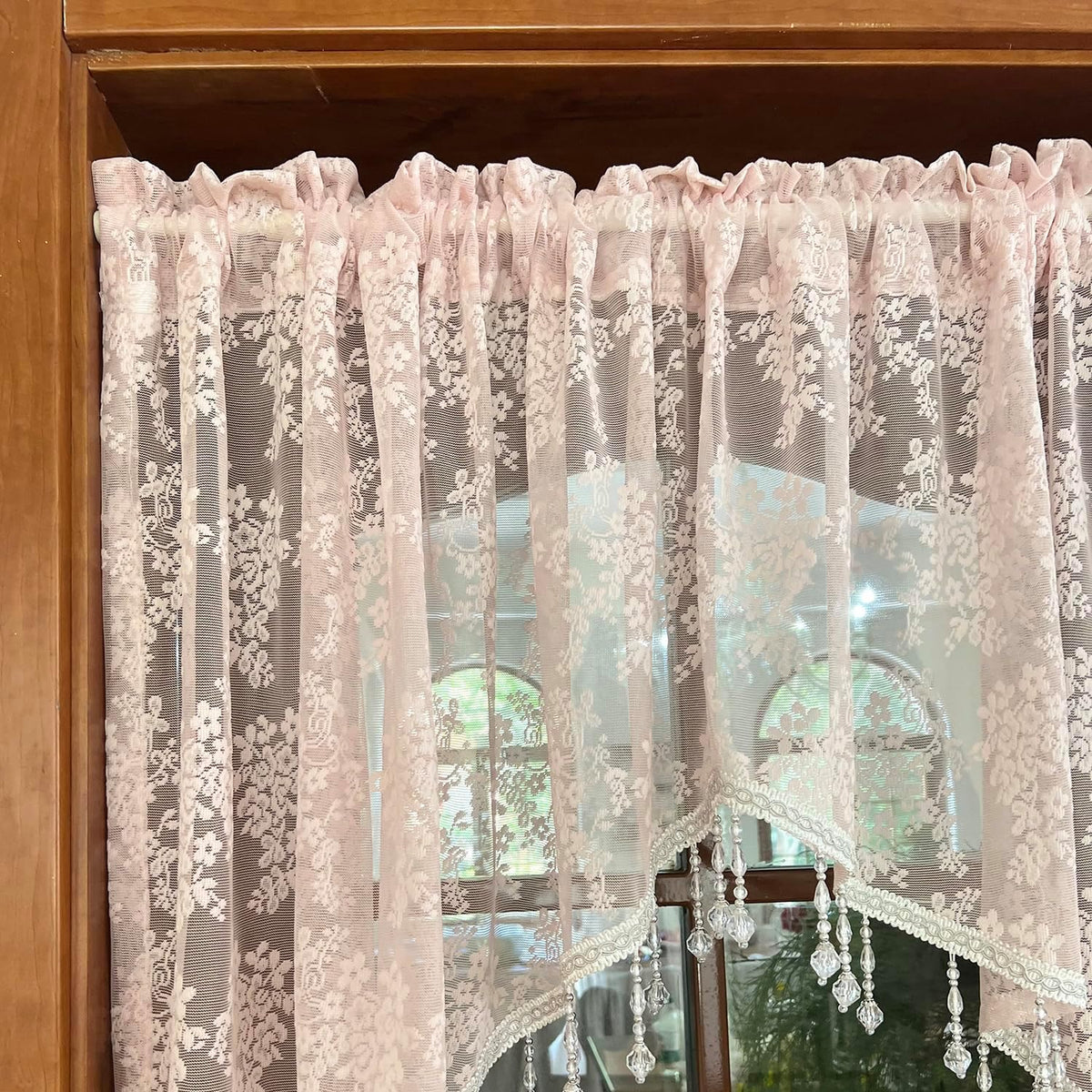 Pink Lace Kitchen Curtain Swag Floral Sheer Curtain Valance