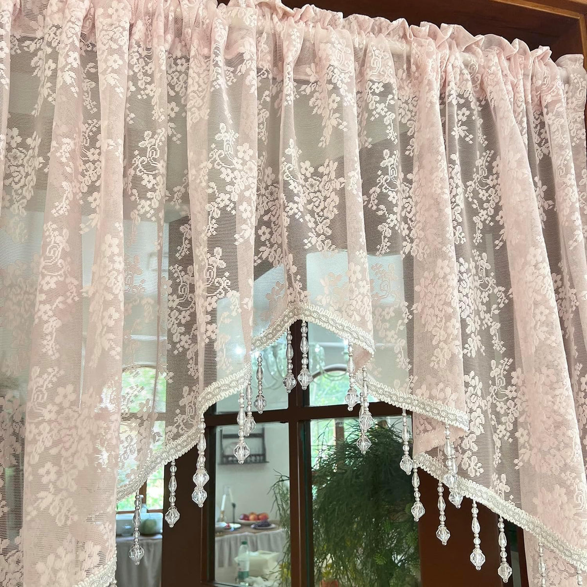 Pink Lace Kitchen Curtain Swag Floral Sheer Curtain Valance
