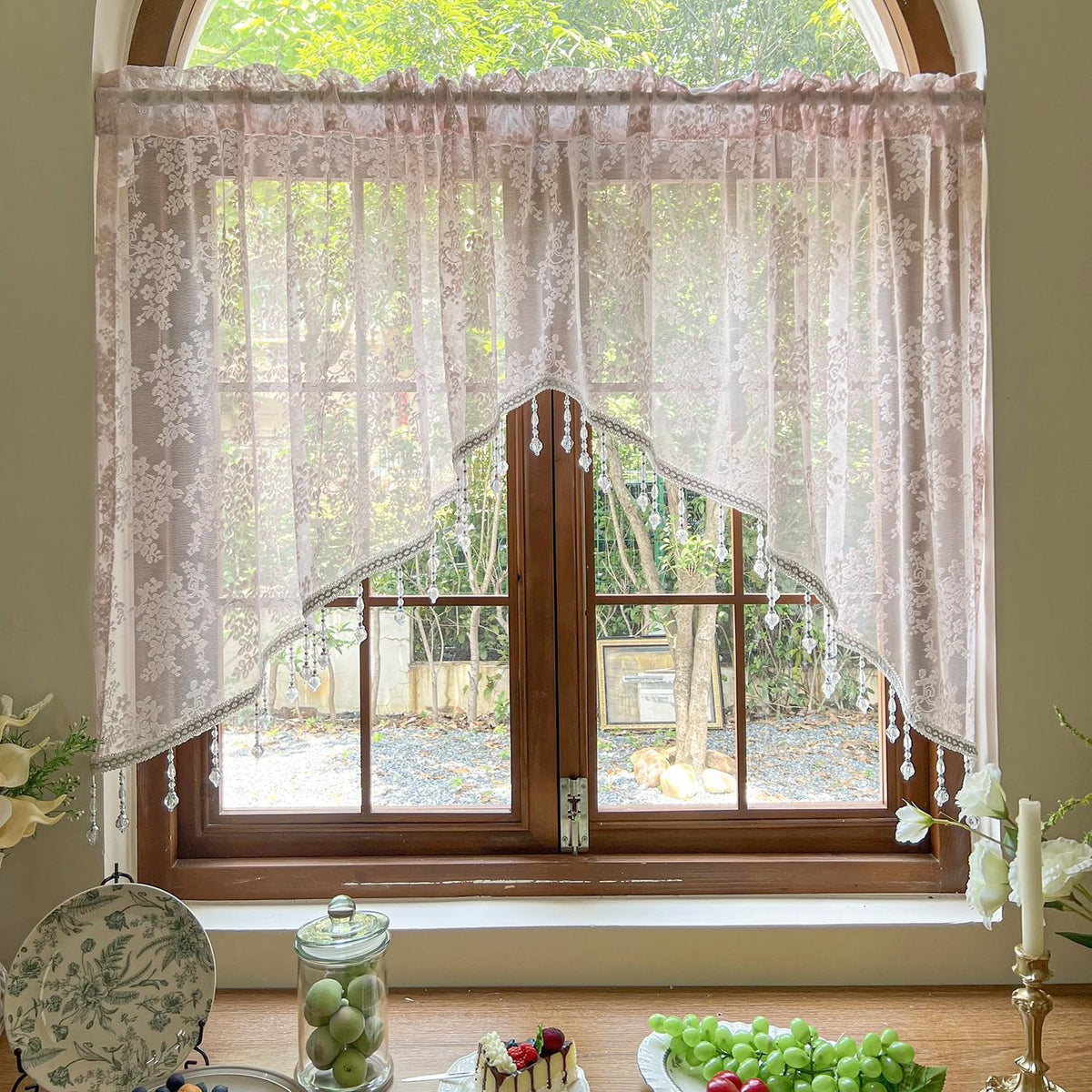 Pink Lace Kitchen Curtain Swag Floral Sheer Curtain Valance