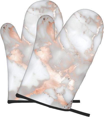 White Marble Rose Gold Printed Oven Mitts 2-Piece Set - Heat Resistant Oven Gloves for Kitchen & Outdoor Cooking Baking