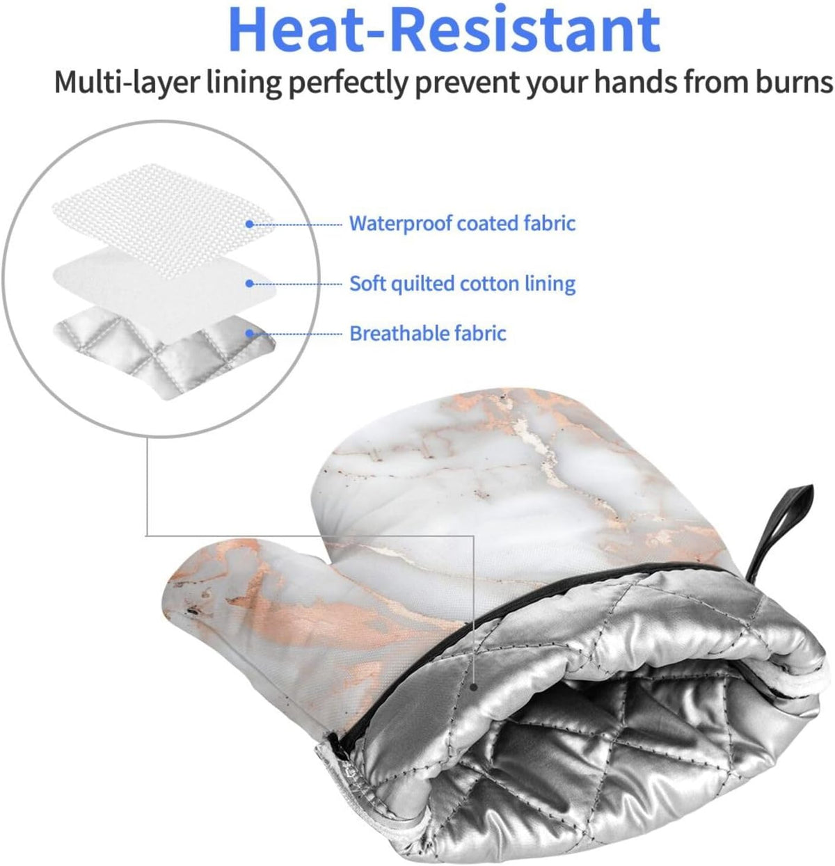 White Marble Rose Gold Printed Oven Mitts 2-Piece Set - Heat Resistant Oven Gloves for Kitchen & Outdoor Cooking Baking