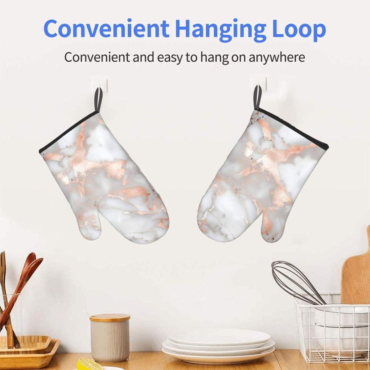 White Marble Rose Gold Printed Oven Mitts 2-Piece Set - Heat Resistant Oven Gloves for Kitchen & Outdoor Cooking Baking