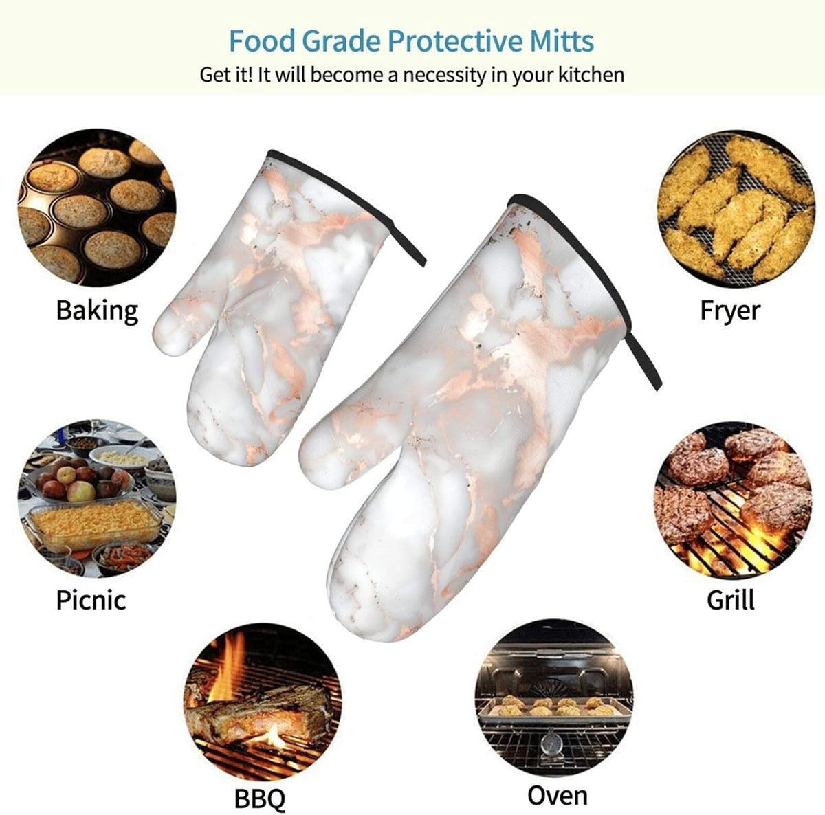 White Marble Rose Gold Printed Oven Mitts 2-Piece Set - Heat Resistant Oven Gloves for Kitchen & Outdoor Cooking Baking