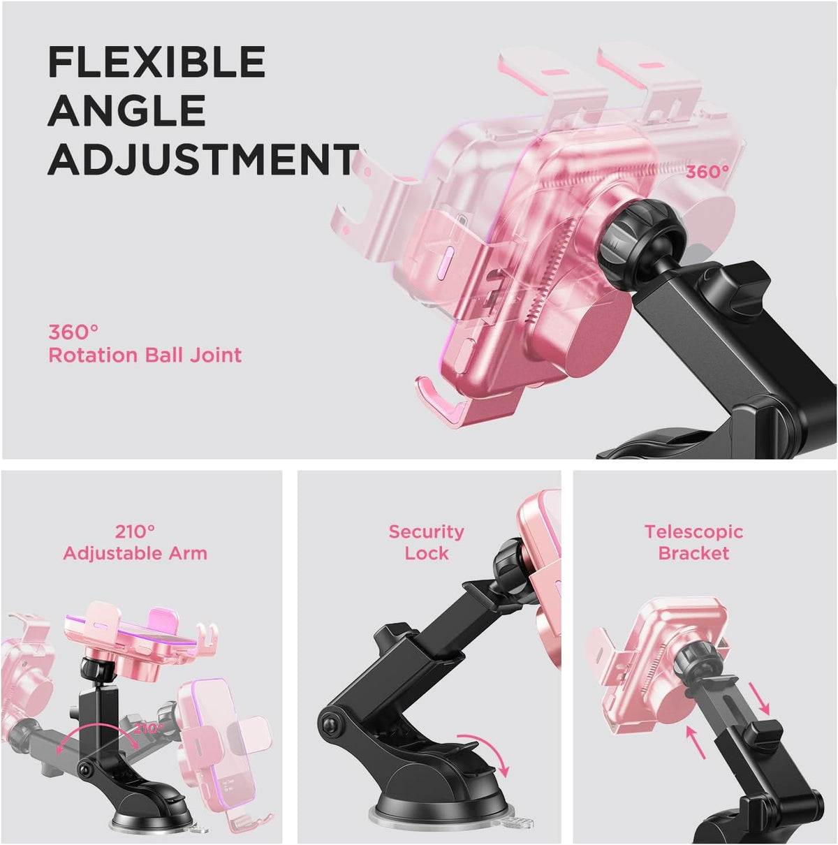 Wireless Car Charger,【7 Colored LED Backlit】 15W Auto Clamping Car Charger Phone Mount Holder fit for iPhone 14 13 12 Mini Pro Max 11 XR XS, Samsung Galaxy S23 Ultra S22 S21+ S10+ Note 20, etc - Pink