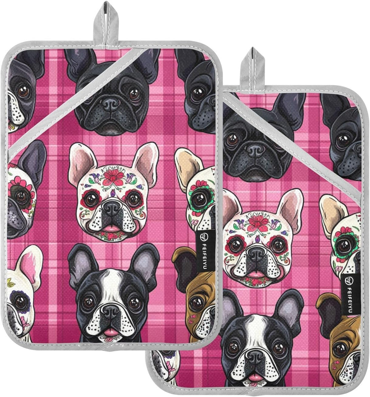 Pot Holder 2 Pack Set Hot Pads Potholders with Pockets Heat Resistant Square Quilted Oven Hot Pads Trivets for Kitchen Cooking Baking Cartoon French Bulldogs Pink Plaid