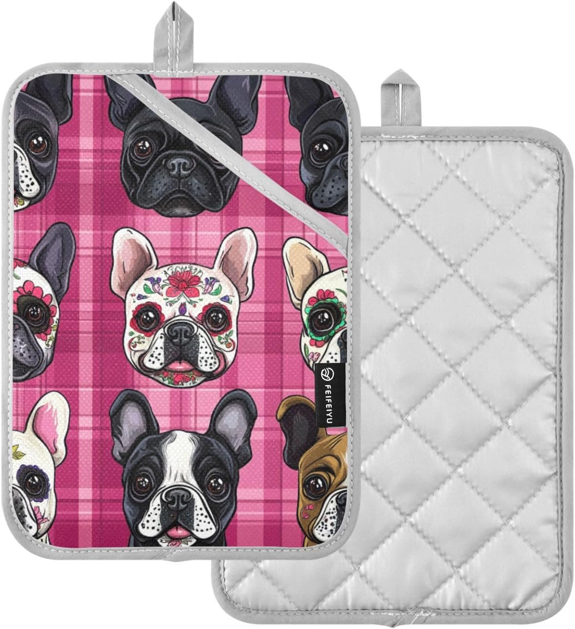 Pot Holder 2 Pack Set Hot Pads Potholders with Pockets Heat Resistant Square Quilted Oven Hot Pads Trivets for Kitchen Cooking Baking Cartoon French Bulldogs Pink Plaid