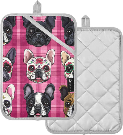 Pot Holder 2 Pack Set Hot Pads Potholders with Pockets Heat Resistant Square Quilted Oven Hot Pads Trivets for Kitchen Cooking Baking Cartoon French Bulldogs Pink Plaid