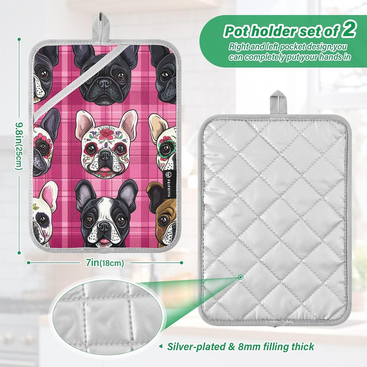 Pot Holder 2 Pack Set Hot Pads Potholders with Pockets Heat Resistant Square Quilted Oven Hot Pads Trivets for Kitchen Cooking Baking Cartoon French Bulldogs Pink Plaid