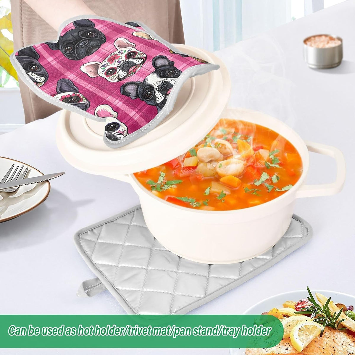Pot Holder 2 Pack Set Hot Pads Potholders with Pockets Heat Resistant Square Quilted Oven Hot Pads Trivets for Kitchen Cooking Baking Cartoon French Bulldogs Pink Plaid