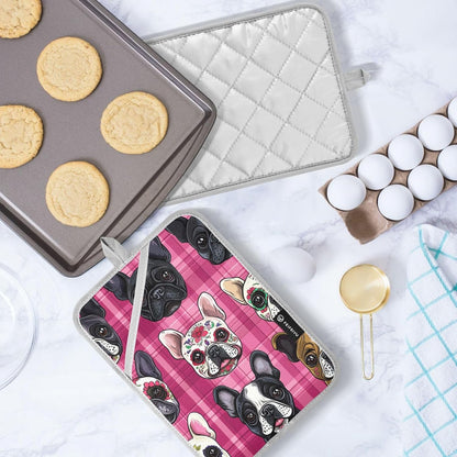 Pot Holder 2 Pack Set Hot Pads Potholders with Pockets Heat Resistant Square Quilted Oven Hot Pads Trivets for Kitchen Cooking Baking Cartoon French Bulldogs Pink Plaid