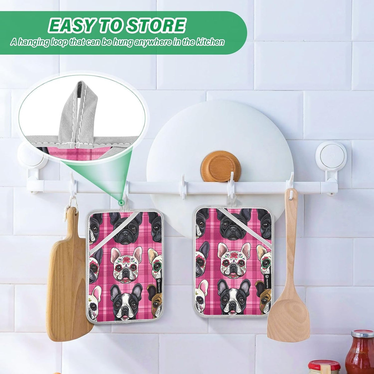 Pot Holder 2 Pack Set Hot Pads Potholders with Pockets Heat Resistant Square Quilted Oven Hot Pads Trivets for Kitchen Cooking Baking Cartoon French Bulldogs Pink Plaid