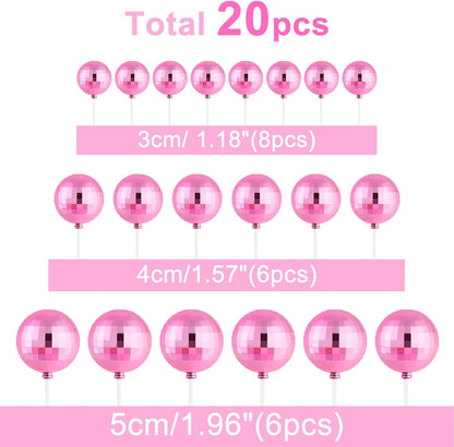 20 Pcs Pink Disco Balls Cake Topper Decorations for Birthday Cake