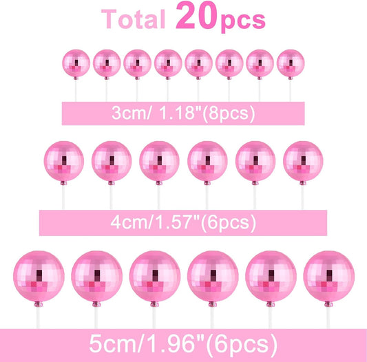 20 Pcs Pink Disco Balls Cake Topper Decorations for Birthday Cake