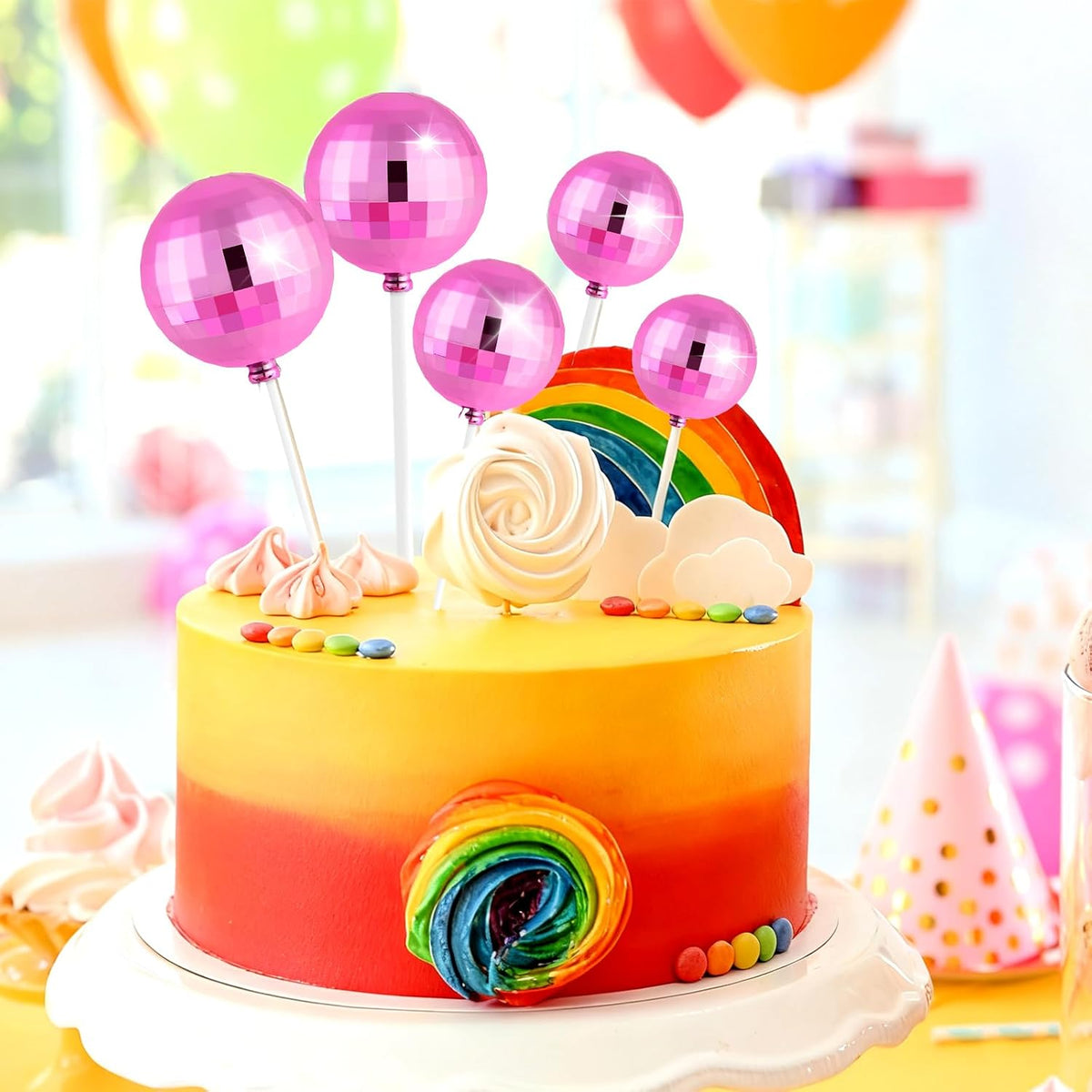 20 Pcs Pink Disco Balls Cake Topper Decorations for Birthday Cake