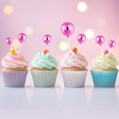 20 Pcs Pink Disco Balls Cake Topper Decorations for Birthday Cake