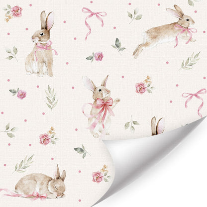 Boho Bunny Peel and Stick Wallpaper 17”x118”Pink Ribbons Rabbit Floral Self Adhesive Contact Paper Easter Botanical Wallpaper Flowers and Leaf Art Paper Woodland Nursery Wall Mural for Bedroom