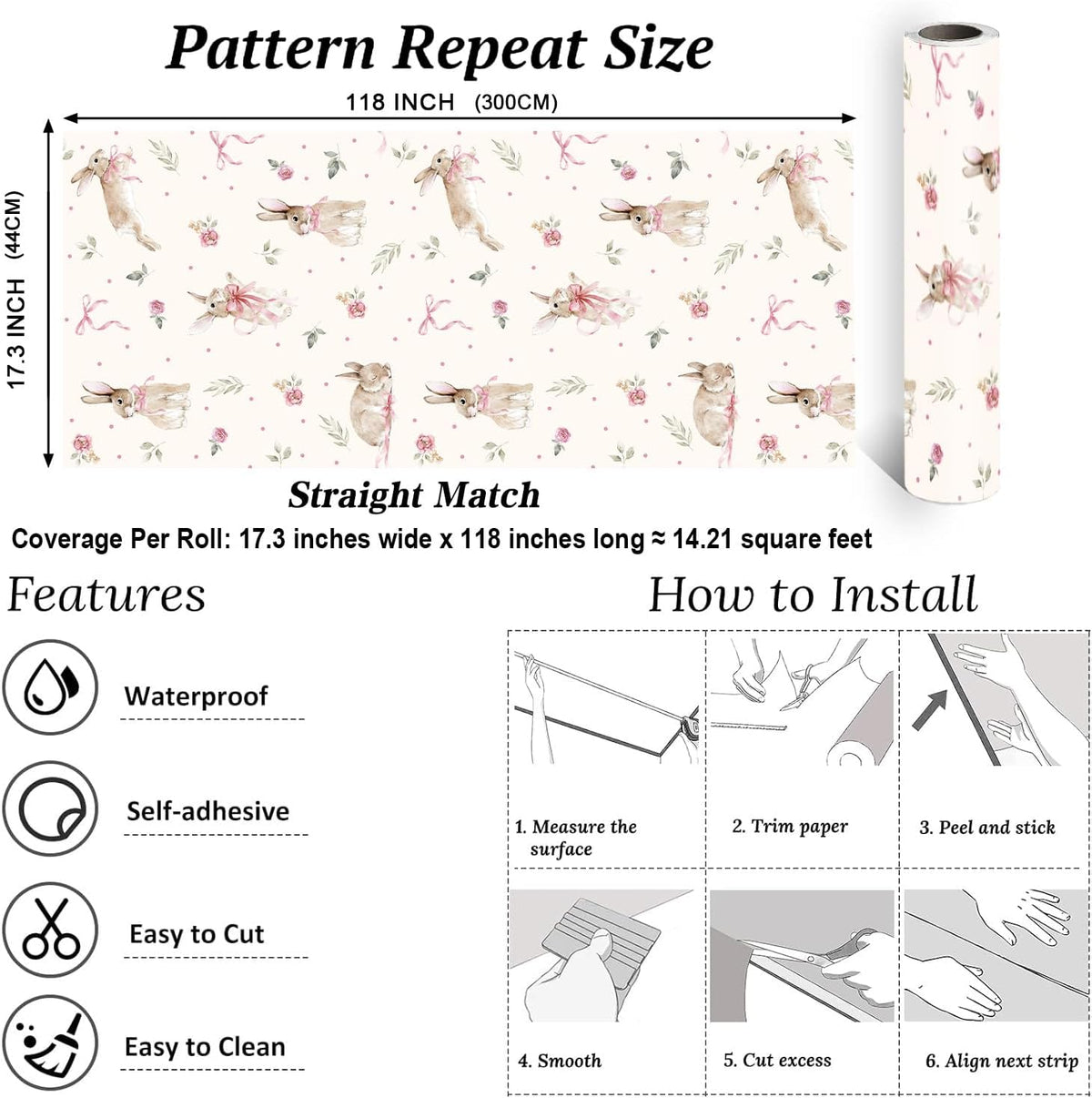 Boho Bunny Peel and Stick Wallpaper 17”x118”Pink Ribbons Rabbit Floral Self Adhesive Contact Paper Easter Botanical Wallpaper Flowers and Leaf Art Paper Woodland Nursery Wall Mural for Bedroom