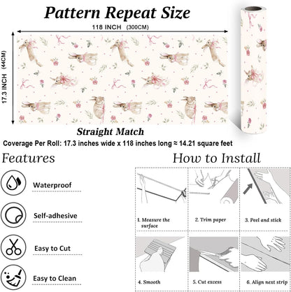 Boho Bunny Peel and Stick Wallpaper 17”x118”Pink Ribbons Rabbit Floral Self Adhesive Contact Paper Easter Botanical Wallpaper Flowers and Leaf Art Paper Woodland Nursery Wall Mural for Bedroom