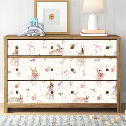 Boho Bunny Peel and Stick Wallpaper 17”x118”Pink Ribbons Rabbit Floral Self Adhesive Contact Paper Easter Botanical Wallpaper Flowers and Leaf Art Paper Woodland Nursery Wall Mural for Bedroom