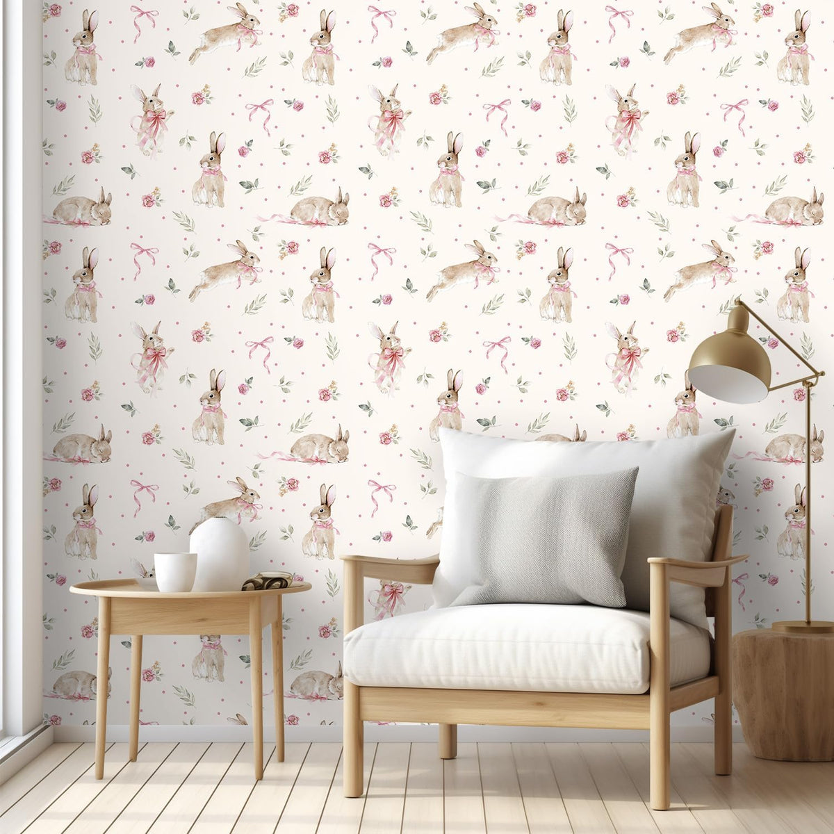 Boho Bunny Peel and Stick Wallpaper 17”x118”Pink Ribbons Rabbit Floral Self Adhesive Contact Paper Easter Botanical Wallpaper Flowers and Leaf Art Paper Woodland Nursery Wall Mural for Bedroom
