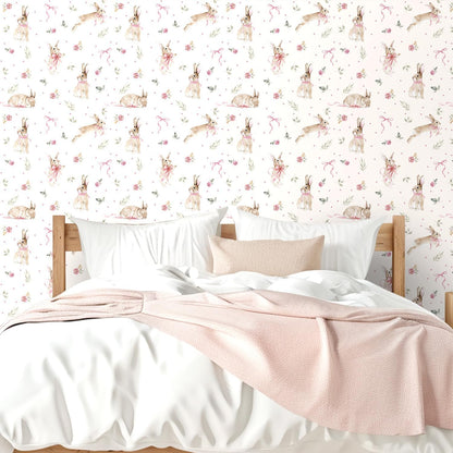 Boho Bunny Peel and Stick Wallpaper 17”x118”Pink Ribbons Rabbit Floral Self Adhesive Contact Paper Easter Botanical Wallpaper Flowers and Leaf Art Paper Woodland Nursery Wall Mural for Bedroom