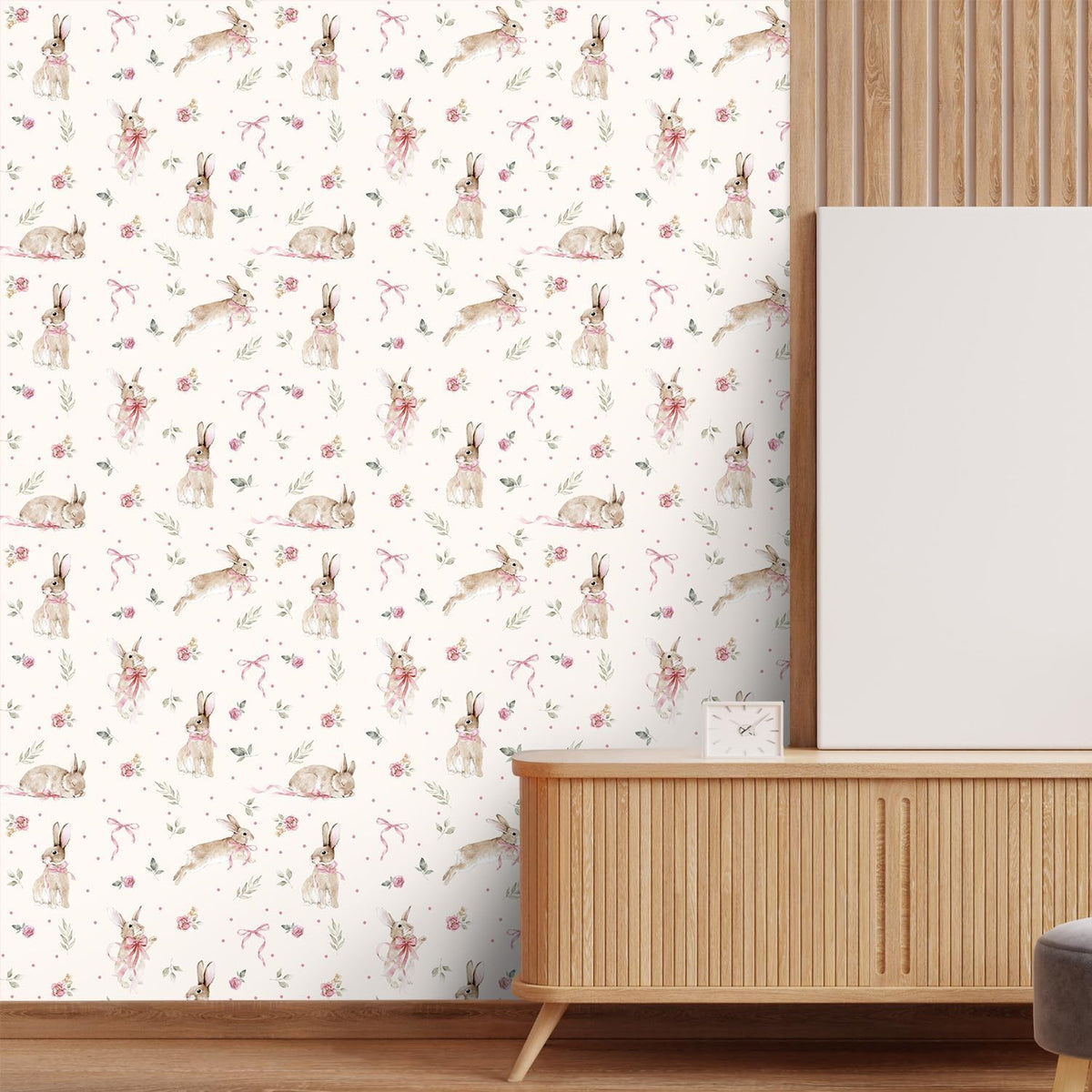 Boho Bunny Peel and Stick Wallpaper 17”x118”Pink Ribbons Rabbit Floral Self Adhesive Contact Paper Easter Botanical Wallpaper Flowers and Leaf Art Paper Woodland Nursery Wall Mural for Bedroom