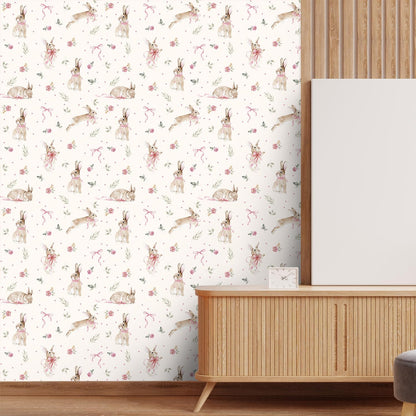 Boho Bunny Peel and Stick Wallpaper 17”x118”Pink Ribbons Rabbit Floral Self Adhesive Contact Paper Easter Botanical Wallpaper Flowers and Leaf Art Paper Woodland Nursery Wall Mural for Bedroom