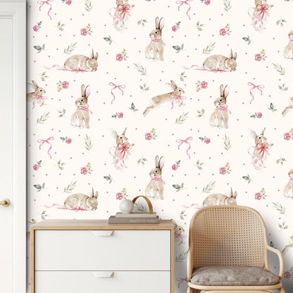 Boho Bunny Peel and Stick Wallpaper 17”x118”Pink Ribbons Rabbit Floral Self Adhesive Contact Paper Easter Botanical Wallpaper Flowers and Leaf Art Paper Woodland Nursery Wall Mural for Bedroom