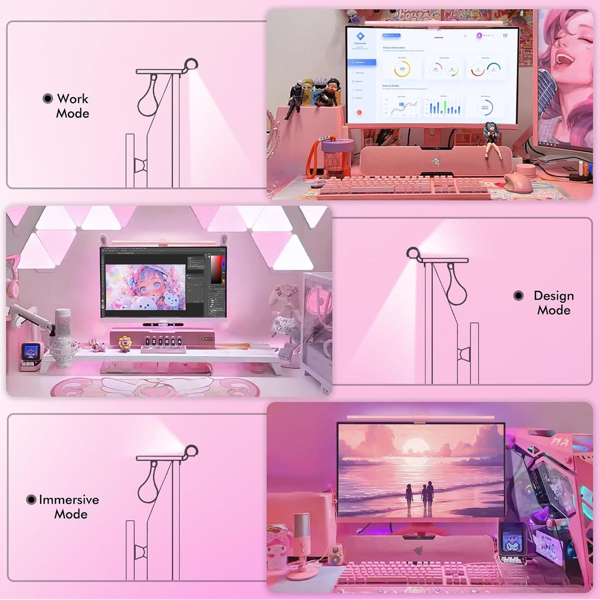 Pink Monitor Light Bar with Backlight, Desk Light Bar with Remote