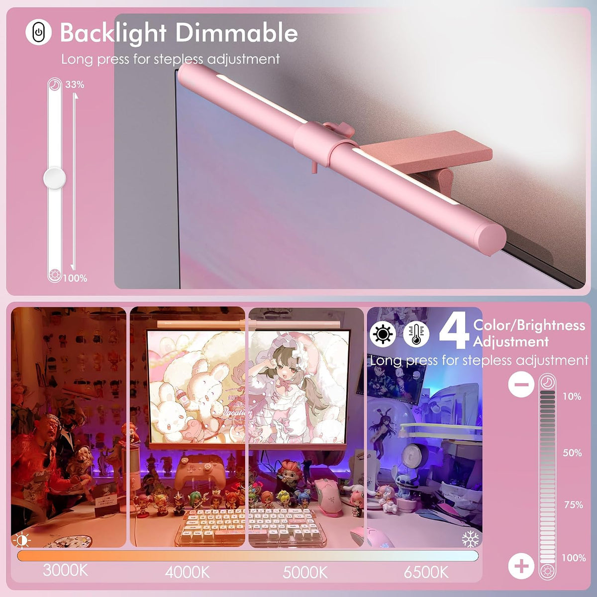 Pink Monitor Light Bar with Backlight, Desk Light Bar with Remote