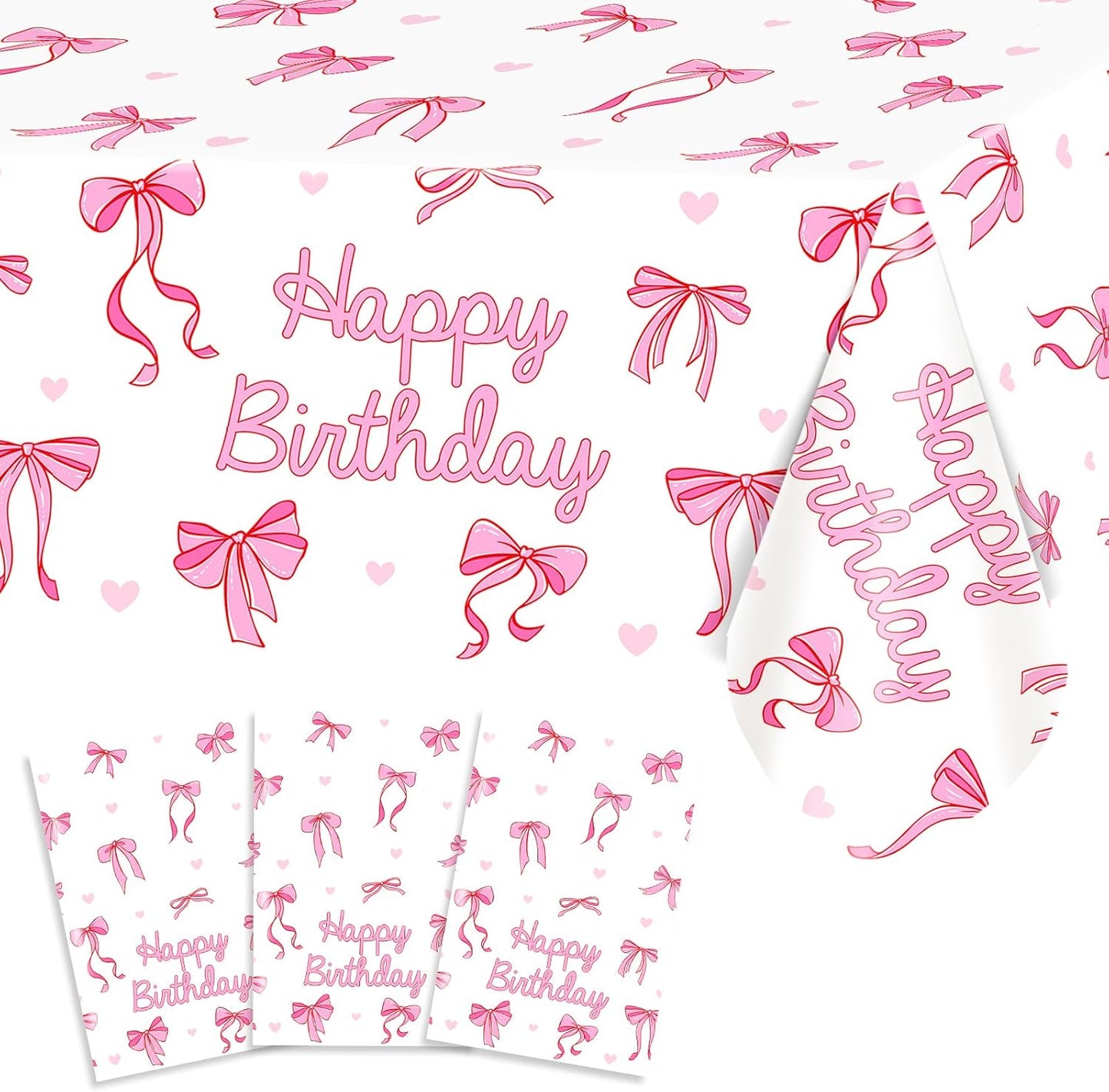 Avezano 3 Pcs Pink Bow Table Cloth Coquette Birthday Decorations Disposable Bow Tablecloth for Girls Birthday Party Decorations 108 x 54 Inch