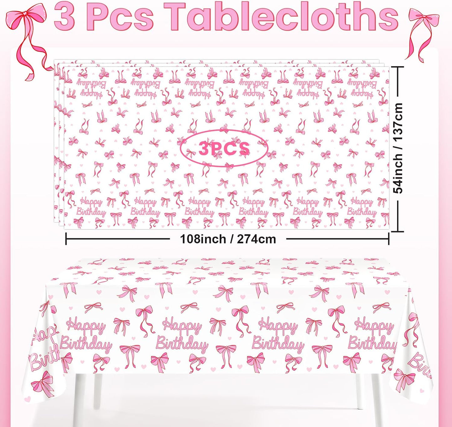 Avezano 3 Pcs Pink Bow Table Cloth Coquette Birthday Decorations Disposable Bow Tablecloth for Girls Birthday Party Decorations 108 x 54 Inch