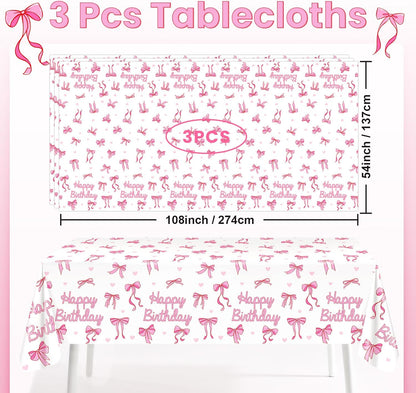 Avezano 3 Pcs Pink Bow Table Cloth Coquette Birthday Decorations Disposable Bow Tablecloth for Girls Birthday Party Decorations 108 x 54 Inch