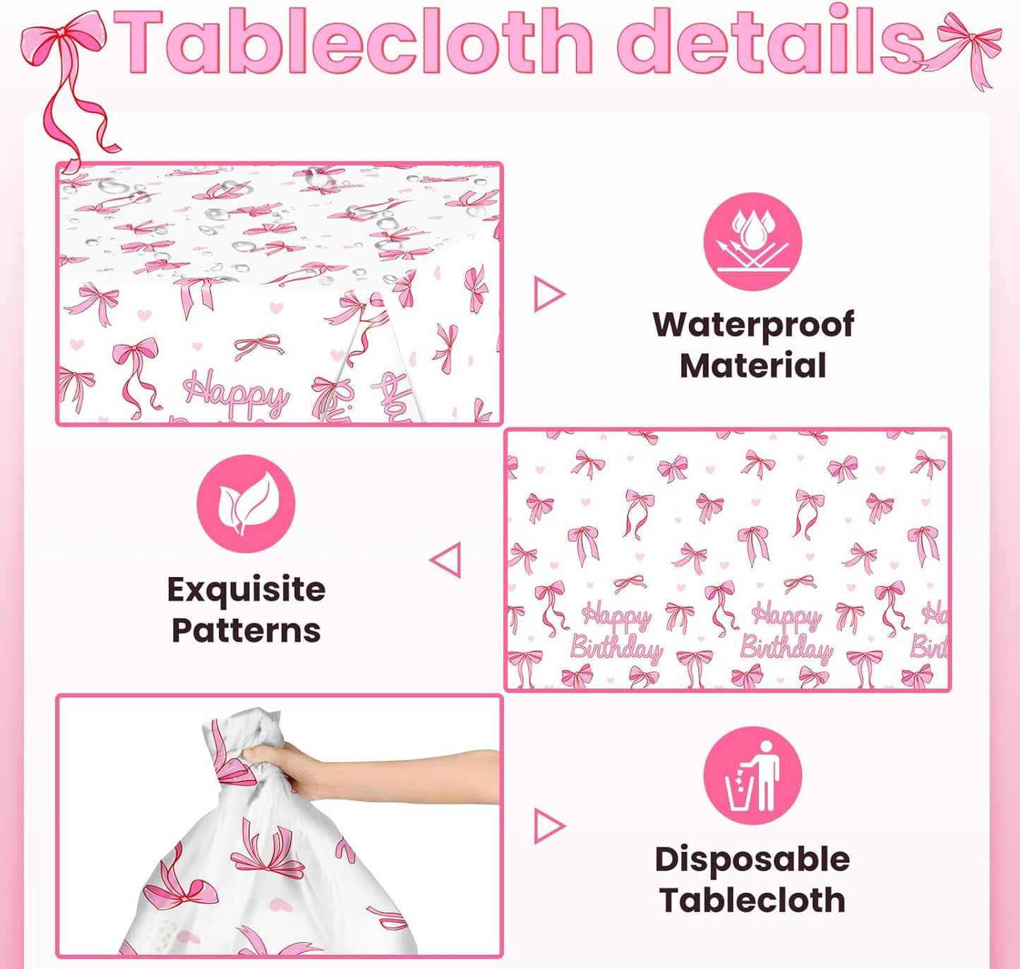 Avezano 3 Pcs Pink Bow Table Cloth Coquette Birthday Decorations Disposable Bow Tablecloth for Girls Birthday Party Decorations 108 x 54 Inch