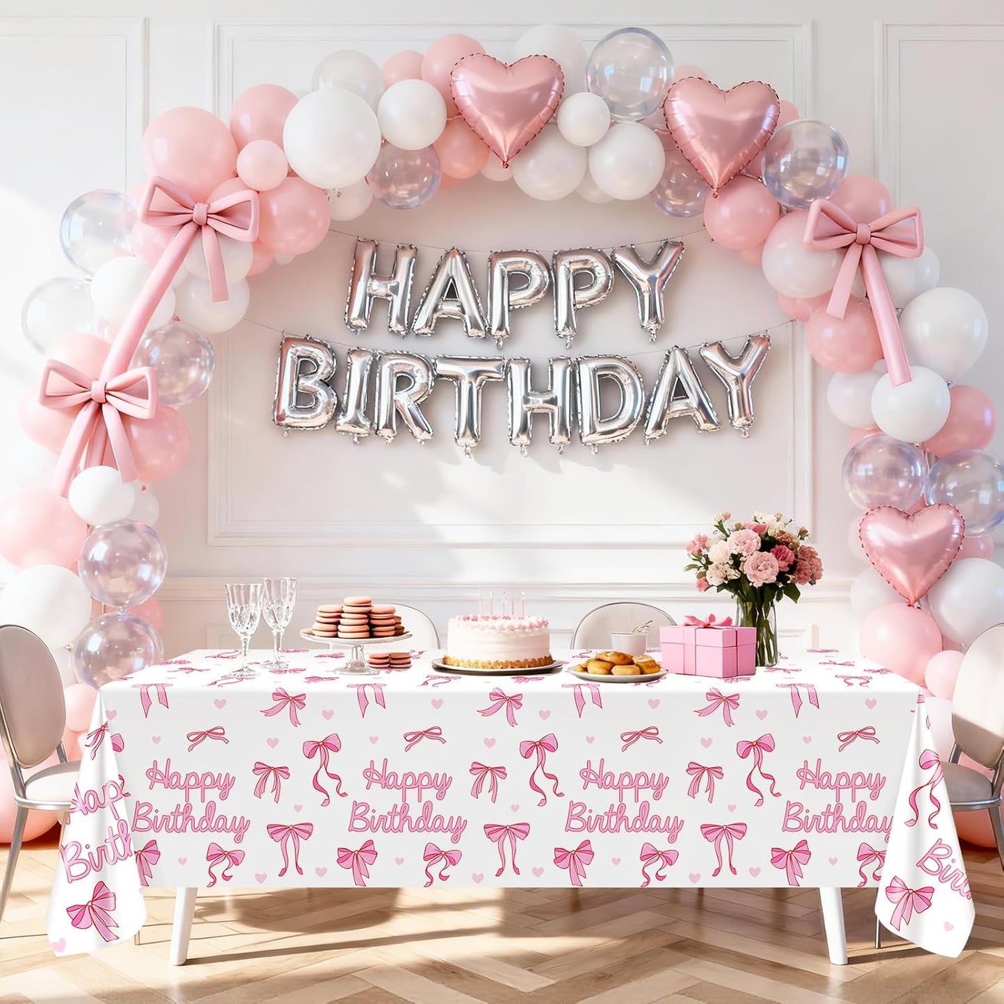 Avezano 3 Pcs Pink Bow Table Cloth Coquette Birthday Decorations Disposable Bow Tablecloth for Girls Birthday Party Decorations 108 x 54 Inch