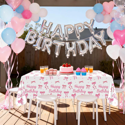 Avezano 3 Pcs Pink Bow Table Cloth Coquette Birthday Decorations Disposable Bow Tablecloth for Girls Birthday Party Decorations 108 x 54 Inch