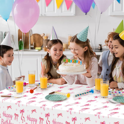 Avezano 3 Pcs Pink Bow Table Cloth Coquette Birthday Decorations Disposable Bow Tablecloth for Girls Birthday Party Decorations 108 x 54 Inch