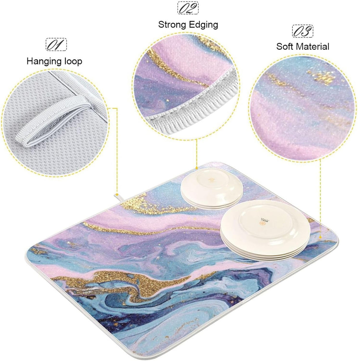 Marble Pattern Pink Dish Drying Mat Kitchen Counter Mat Draining Mat Kitchen Accessories Dish Rack Pad for Dishes, Utensils, Countertops, Sinks 18x24in