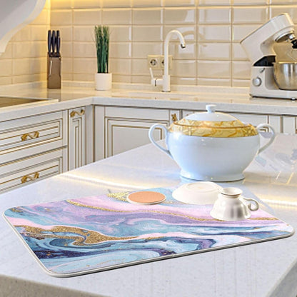 Marble Pattern Pink Dish Drying Mat Kitchen Counter Mat Draining Mat Kitchen Accessories Dish Rack Pad for Dishes, Utensils, Countertops, Sinks 18x24in