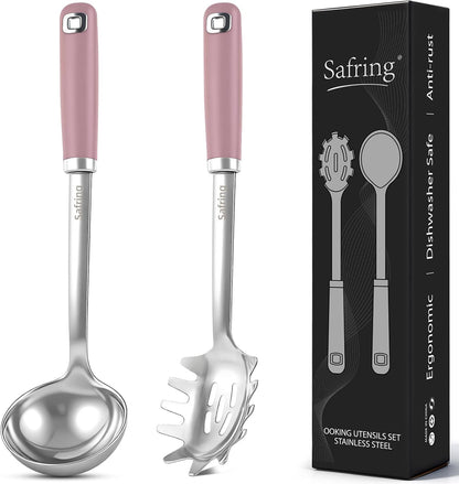 Stainless Steel Soup Ladle and Spaghetti Spoon Set, Heat Resistant Rubber Handle, Dishwasher Safe, Kitchen Utensils for Cooking, Stirring, Serving Pasta, Soup & Sauce (Pink)
