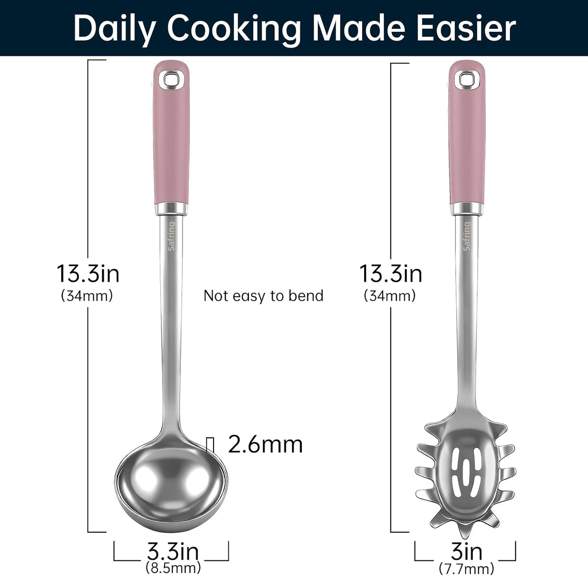 Stainless Steel Soup Ladle and Spaghetti Spoon Set, Heat Resistant Rubber Handle, Dishwasher Safe, Kitchen Utensils for Cooking, Stirring, Serving Pasta, Soup & Sauce (Pink)