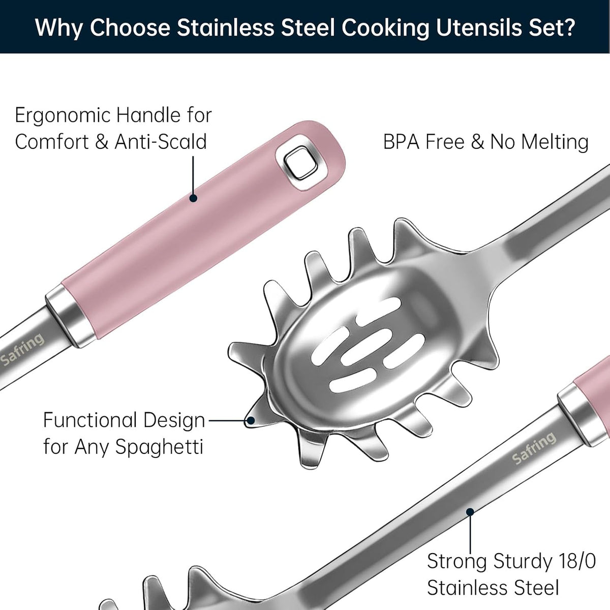 Stainless Steel Soup Ladle and Spaghetti Spoon Set, Heat Resistant Rubber Handle, Dishwasher Safe, Kitchen Utensils for Cooking, Stirring, Serving Pasta, Soup & Sauce (Pink)