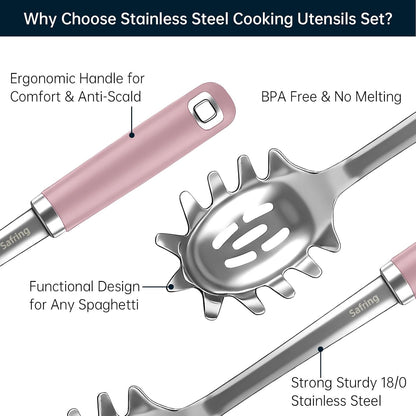Stainless Steel Soup Ladle and Spaghetti Spoon Set, Heat Resistant Rubber Handle, Dishwasher Safe, Kitchen Utensils for Cooking, Stirring, Serving Pasta, Soup & Sauce (Pink)