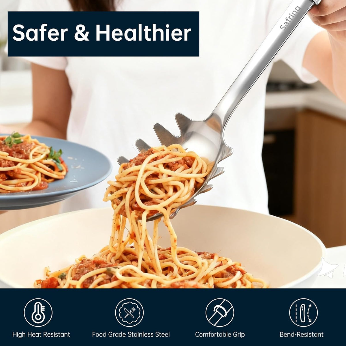 Stainless Steel Soup Ladle and Spaghetti Spoon Set, Heat Resistant Rubber Handle, Dishwasher Safe, Kitchen Utensils for Cooking, Stirring, Serving Pasta, Soup & Sauce (Pink)