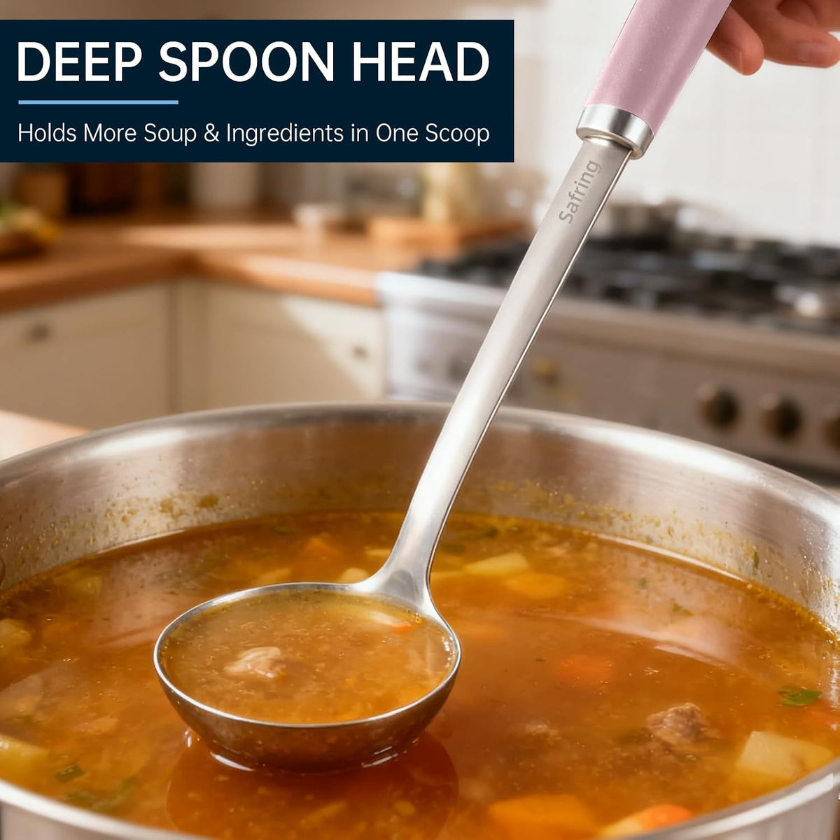 Stainless Steel Soup Ladle and Spaghetti Spoon Set, Heat Resistant Rubber Handle, Dishwasher Safe, Kitchen Utensils for Cooking, Stirring, Serving Pasta, Soup & Sauce (Pink)