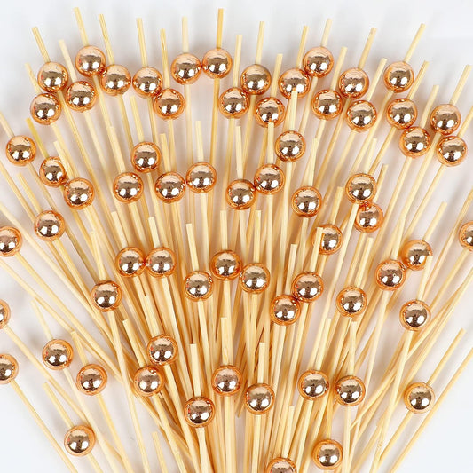 100PCS Cocktail Toothpicks, Bamboo Cocktail Picks for Appetizers for Wedding, Birthday and Parties (Rose Gold, 4.72 Inch)