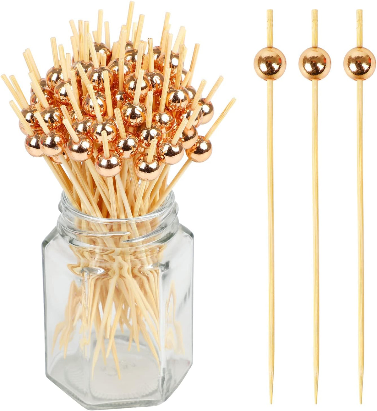 100PCS Cocktail Toothpicks, Bamboo Cocktail Picks for Appetizers for Wedding, Birthday and Parties (Rose Gold, 4.72 Inch)